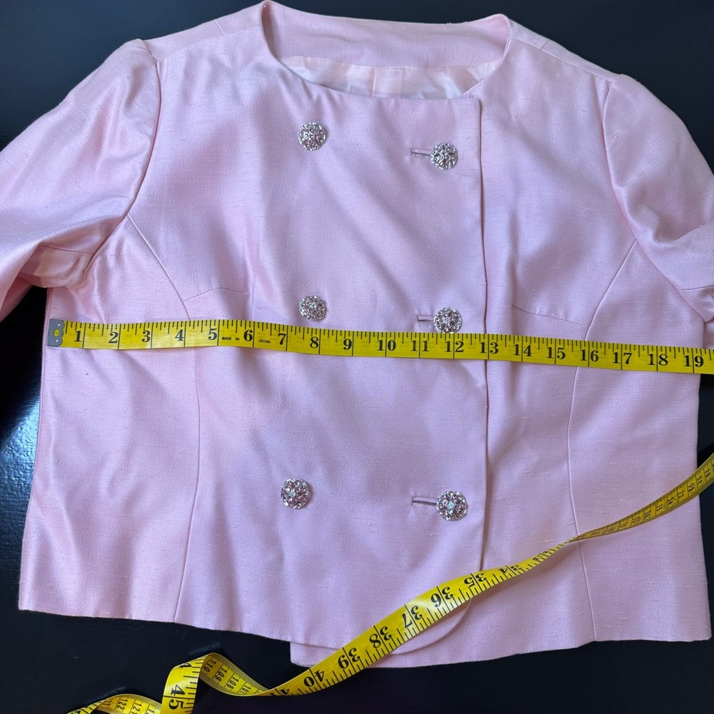 Vintage Rona Pink Skirt Suit Set Rhinestone Button Bow Dress Jacket 2pc - Picture 7 of 16